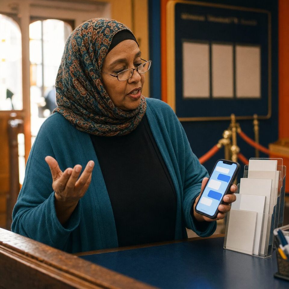 Illustrative photo: the box office manager of a small community theatre asks the Accessibility Checker for help from their phone.
