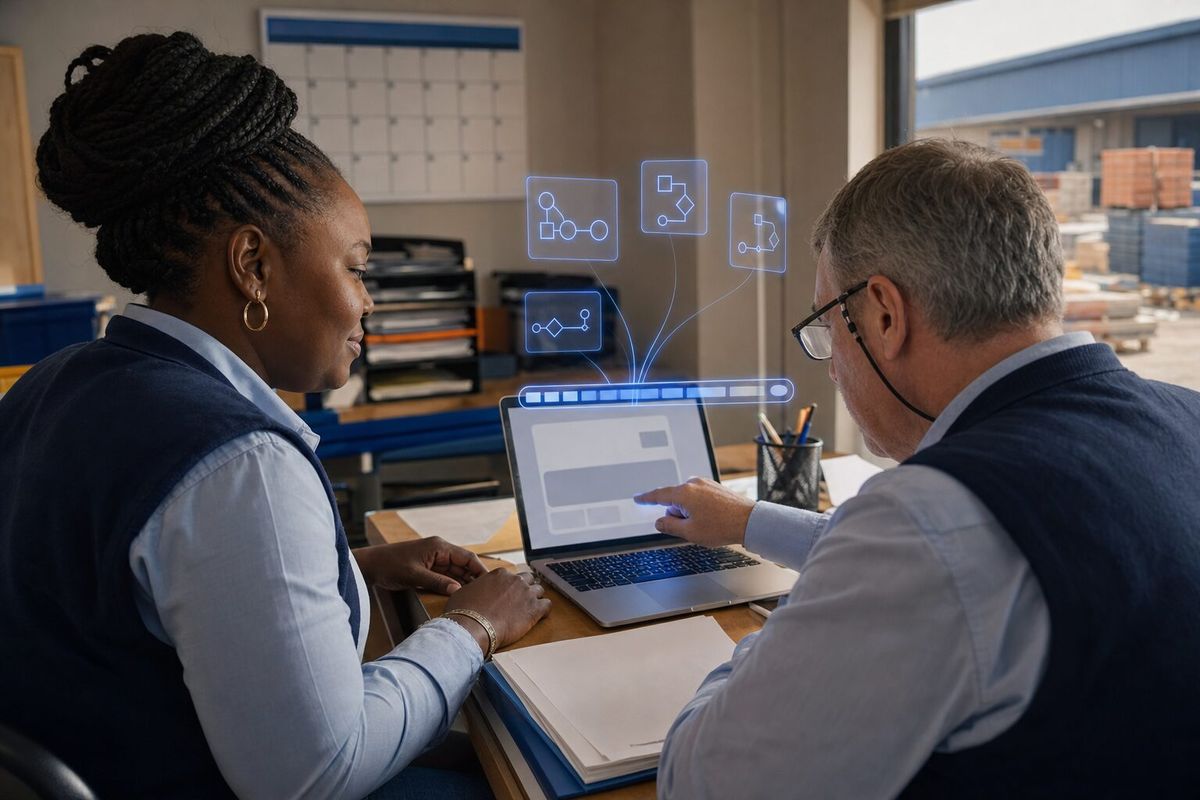Illustrative photo: the Accounts Receivable Manager at work for the owner and accounts clerk of a family-run building-supplies wholesaler, laying out results as blue panels above a laptop.