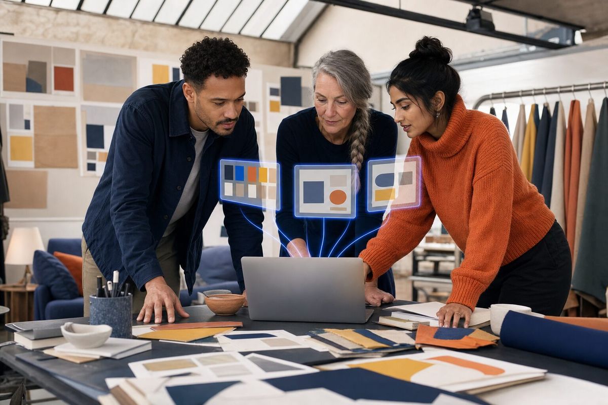 Illustrative photo: the Ad Creative Specialist at work for the creative team choosing which ad layouts go into the campaign, laying out results as blue panels above a laptop.