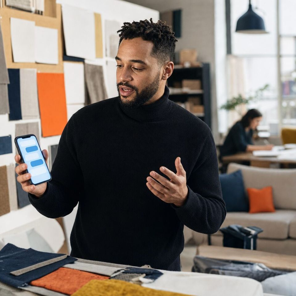 Illustrative photo: the creative lead at a furniture retailer asks the Ad Creative Specialist for help from their phone.