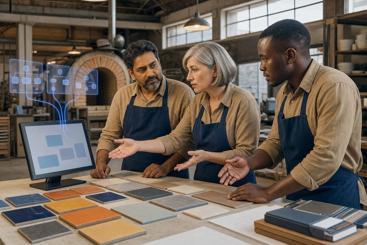 Illustrative photo: the Council App Manager at work for the owner and workshop leads of a family-owned ceramics factory, laying out results as blue panels above a monitor.