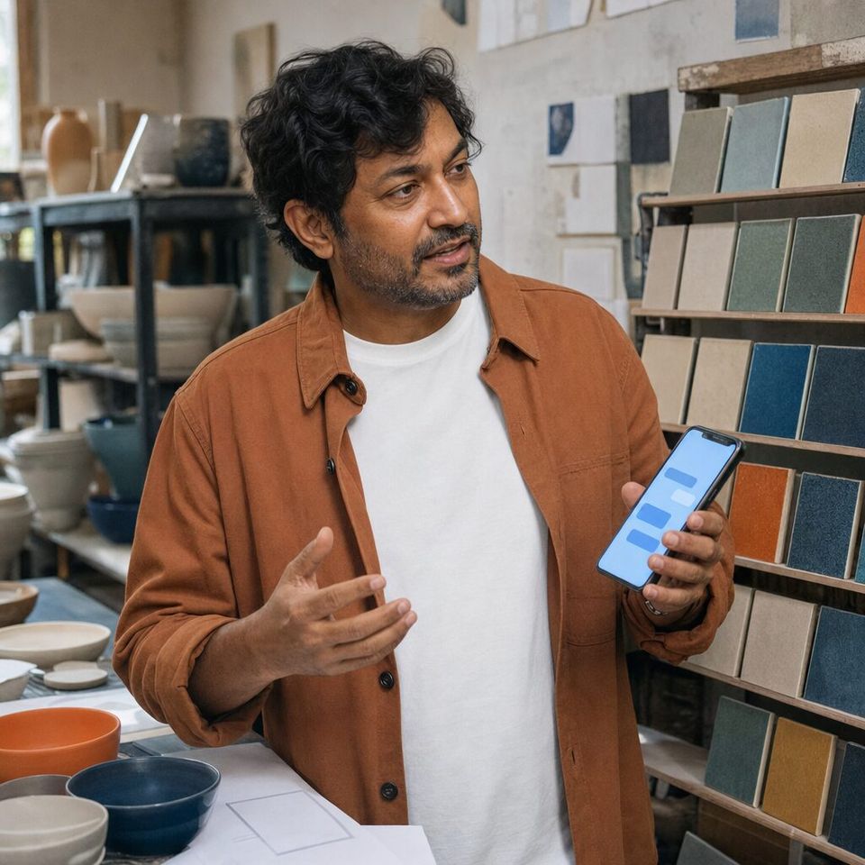 Illustrative photo: the owner of a family-owned ceramics factory asks the Council App Manager for help from their phone.