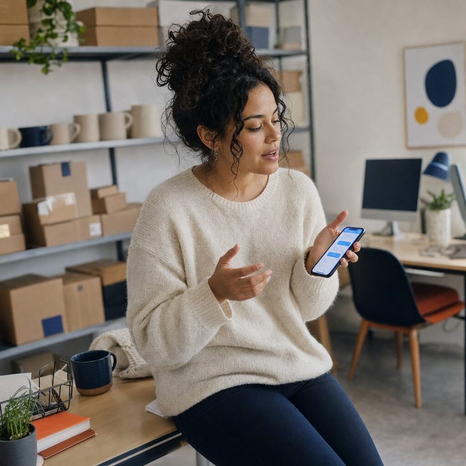 Illustrative photo: the digital marketer at an online homeware shop asks the Analytics agent for help from their phone.