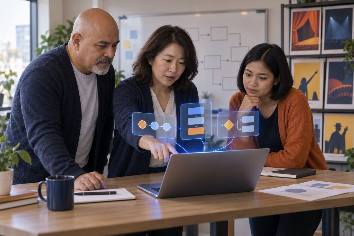 Illustrative photo: the Architect (Claude) at work for the product and engineering leads of a small ticketing company, laying out results as blue panels above a laptop.