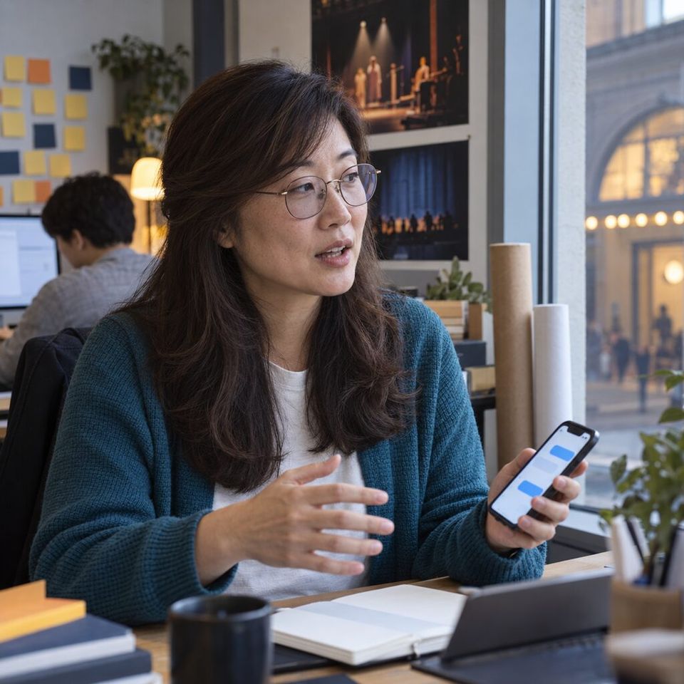 Illustrative photo: the product lead at a small online ticketing company for community theatres asks the Architect (Claude) for help from their phone.