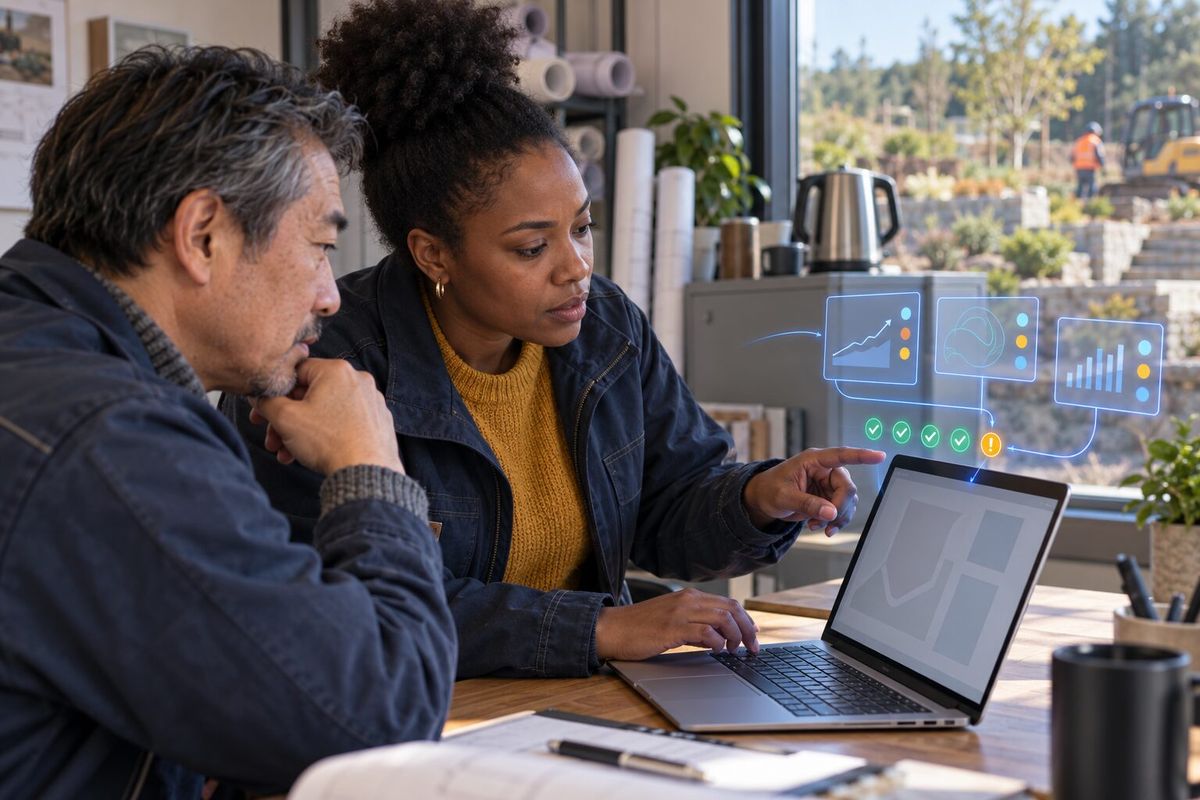 Illustrative photo: the Asana Manager at work for the operations leads of a landscape design-and-build company, laying out results as blue panels above a laptop.