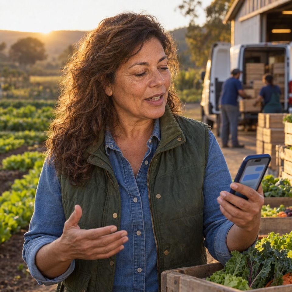 Illustrative photo: the owner of an organic vegetable-box delivery farm asks the Autonomy Agent for help from their phone.