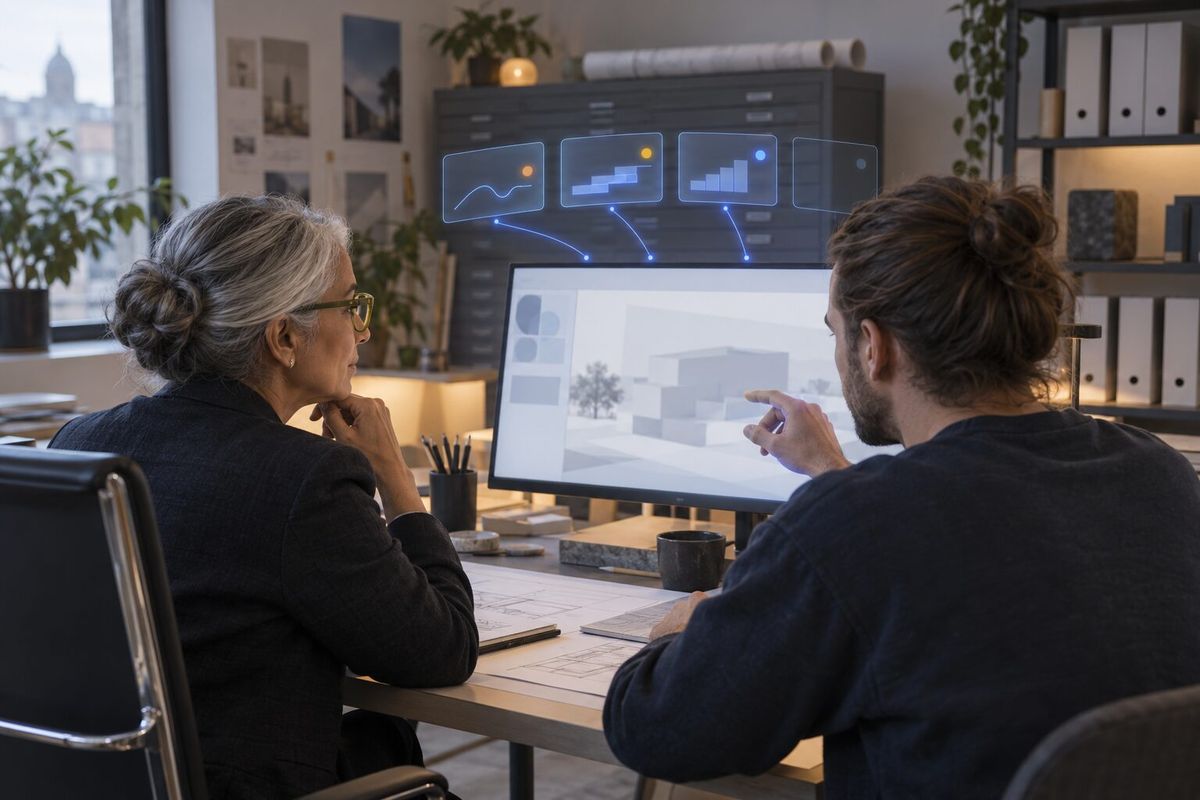 Illustrative photo: the Backup Manager at work for the leaders of a small architecture practice, laying out results as blue panels above a monitor.