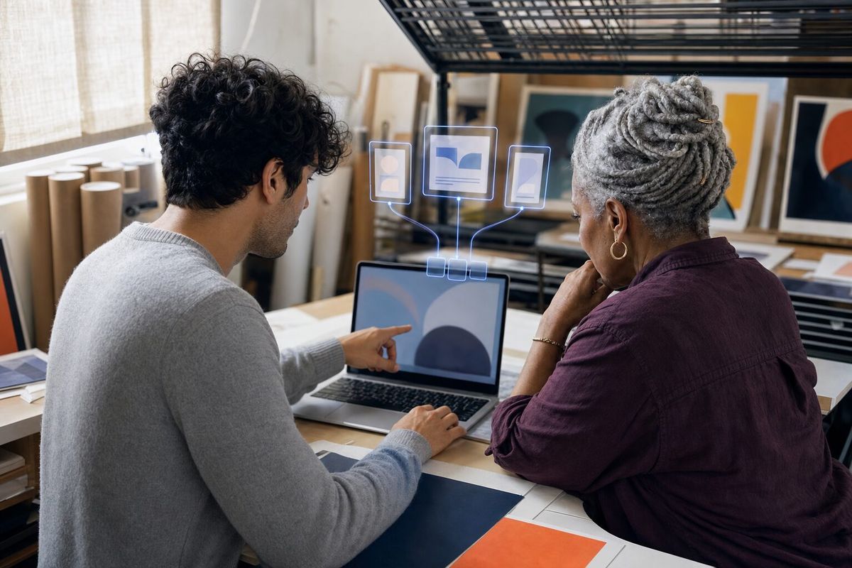 Illustrative photo: the Blockchain Expert at work for the owner and gallery assistant of an online art-print gallery, laying out results as blue panels above a laptop.