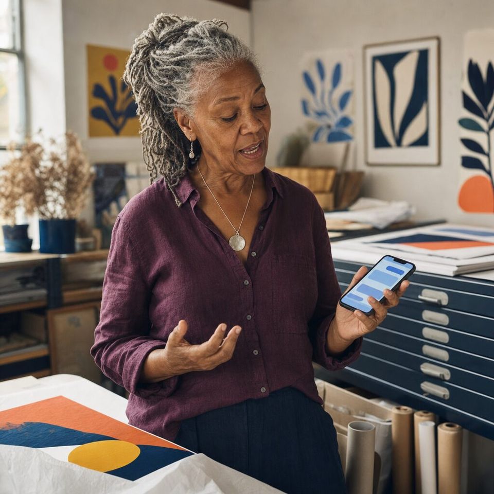 Illustrative photo: the owner of an online art-print gallery asks the Blockchain Expert for help from their phone.