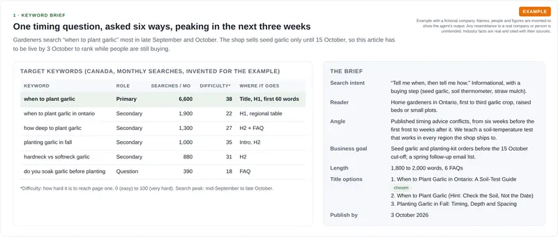 Example keyword brief for a garden shop article on when to plant garlic, with six target keywords, search intent, angle and publish date