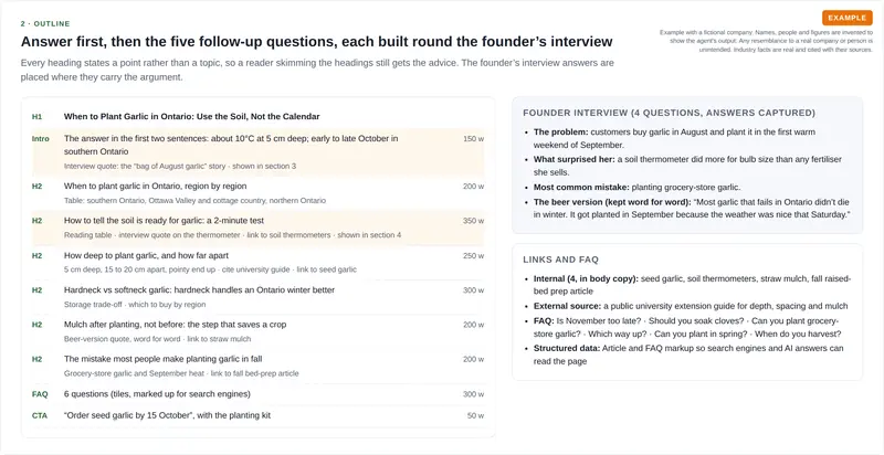 Example article outline with headings that state each point, word counts, founder interview notes, links and six FAQ questions