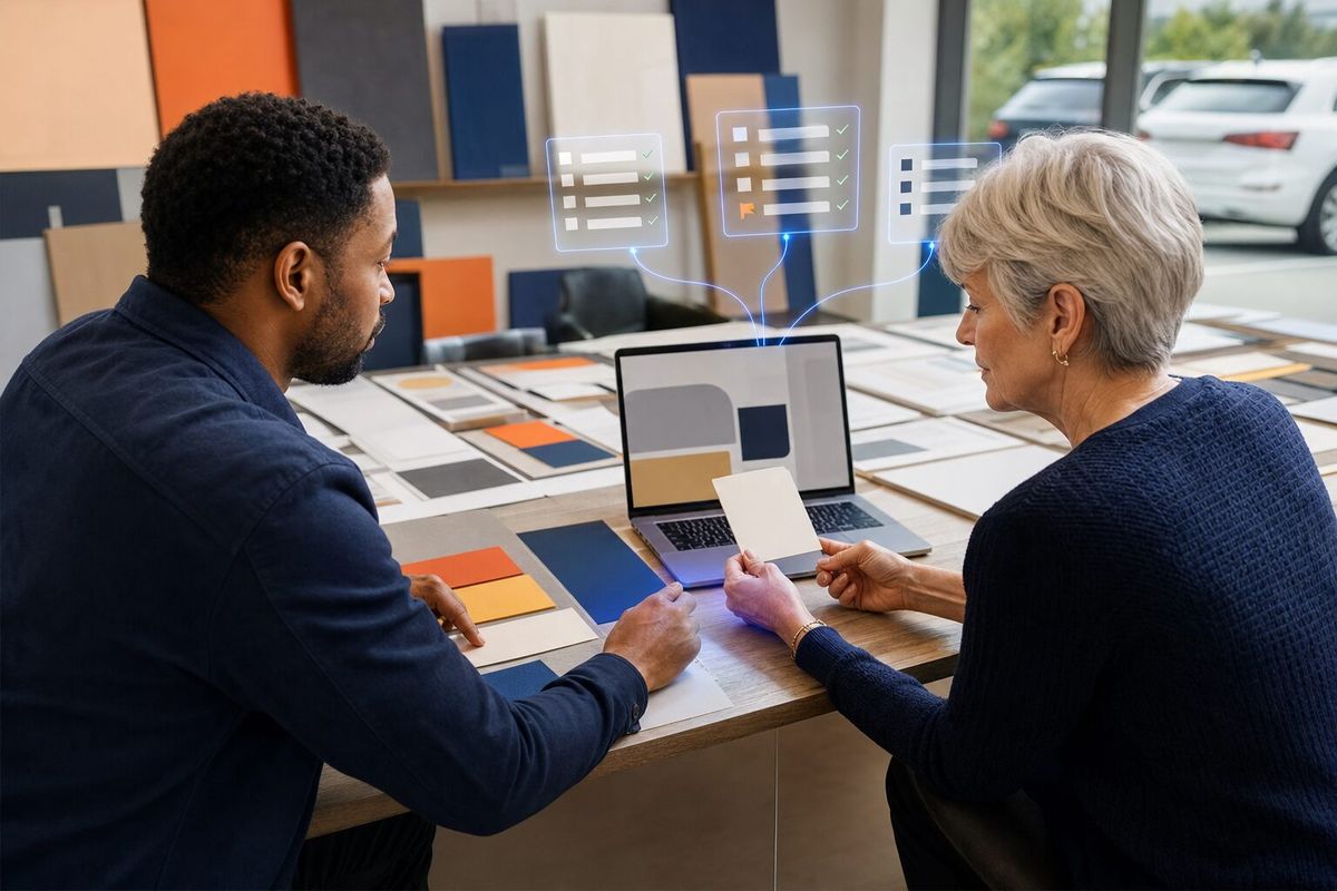 Illustrative photo: the Brand Manager at work for the marketing and regional managers checking store materials against the brand, laying out results as blue panels above a laptop.