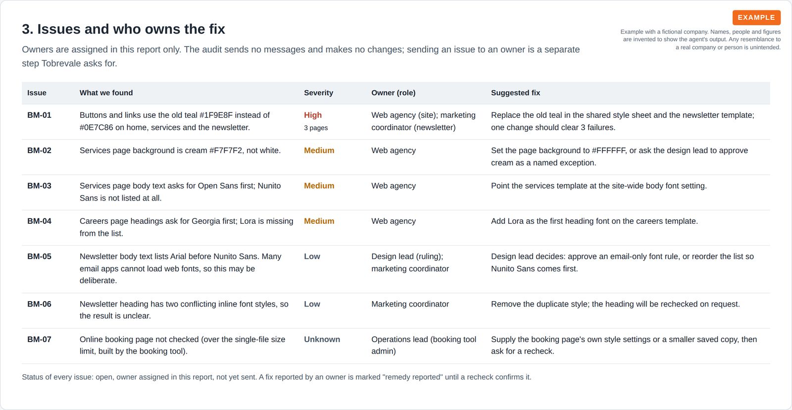 Issue list with seven numbered brand issues, severity, the role that owns each fix and a suggested fix