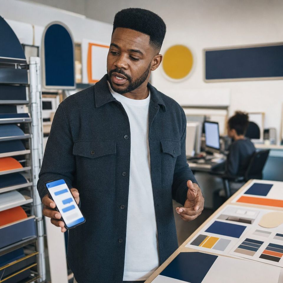 Illustrative photo: the marketing manager of a 12-location franchise group asks the Brand Manager for help from their phone.