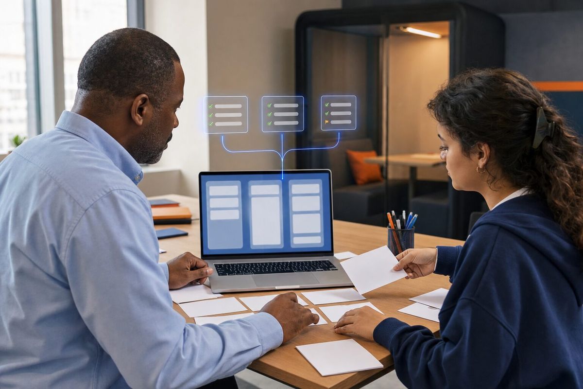 Illustrative photo: the Reuse Agent at work for the project team at a property-management company, laying out results as blue panels above a laptop.