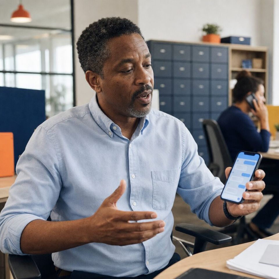 Illustrative photo: the project lead at a property-management company asks the Reuse Agent for help from their phone.