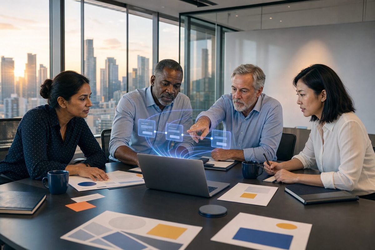 Illustrative photo: the Leadership Strategist at work for the leadership team in their quarterly planning session, laying out results as blue panels above a laptop.