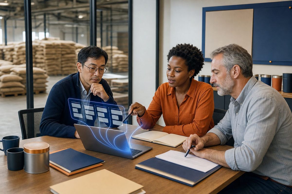 Illustrative photo: the CEO Agent at work for the owner and export lead and finance lead of a family-owned coffee exporter, laying out results as blue panels above a laptop.