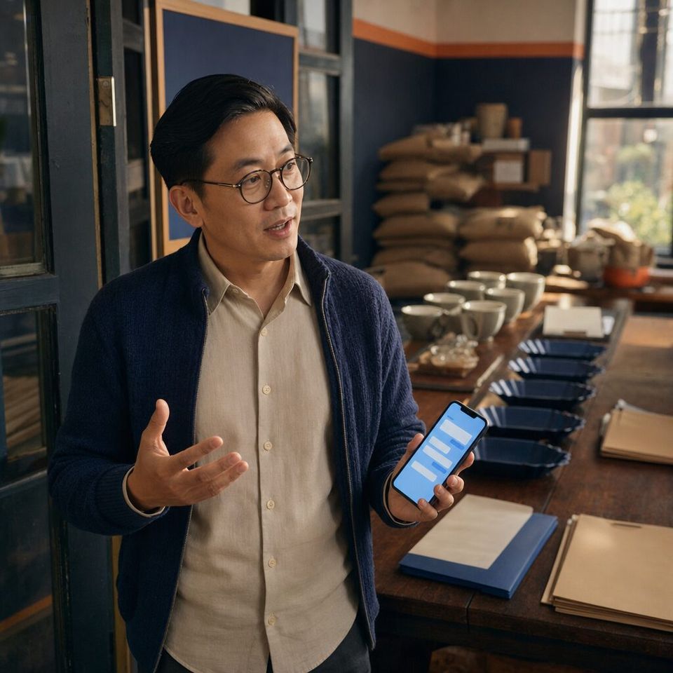 Illustrative photo: the owner of a family-owned coffee exporter asks the CEO Agent for help from their phone.