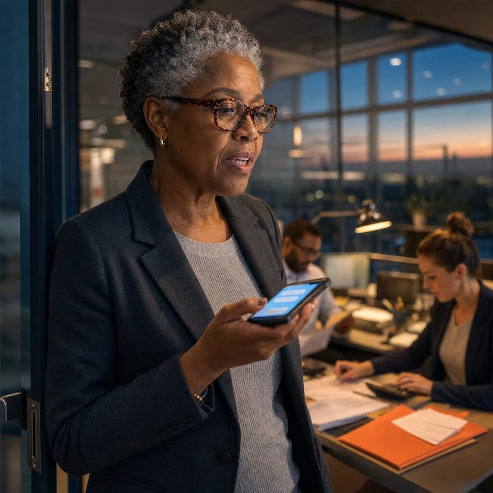 Illustrative photo: the finance director of a growing distribution business asks the CFO agent for help from their phone.