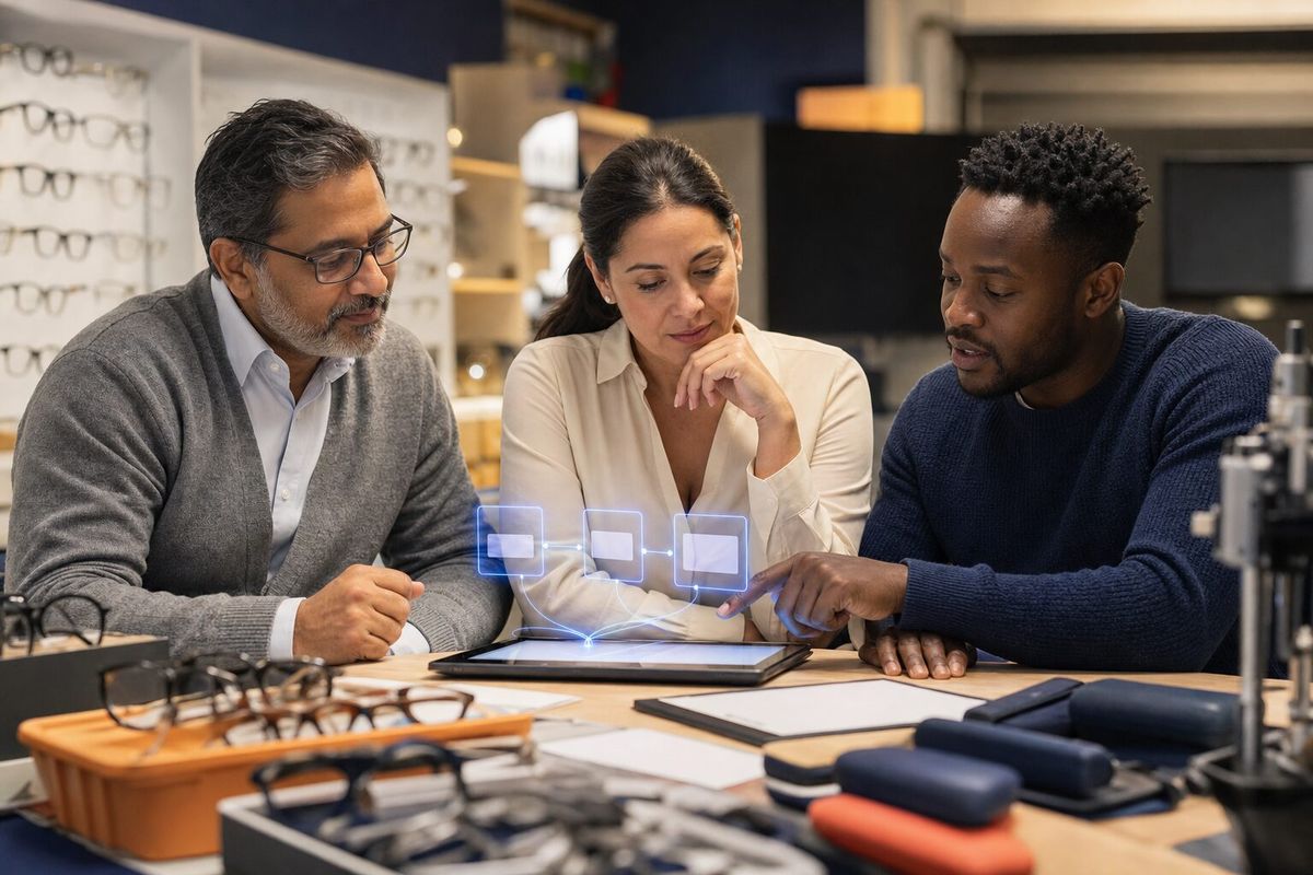 Illustrative photo: the CAIO — Chief AI Officer at work for the owner and clinical lead and training manager of a regional chain of opticians, laying out results as blue panels above a tablet.
