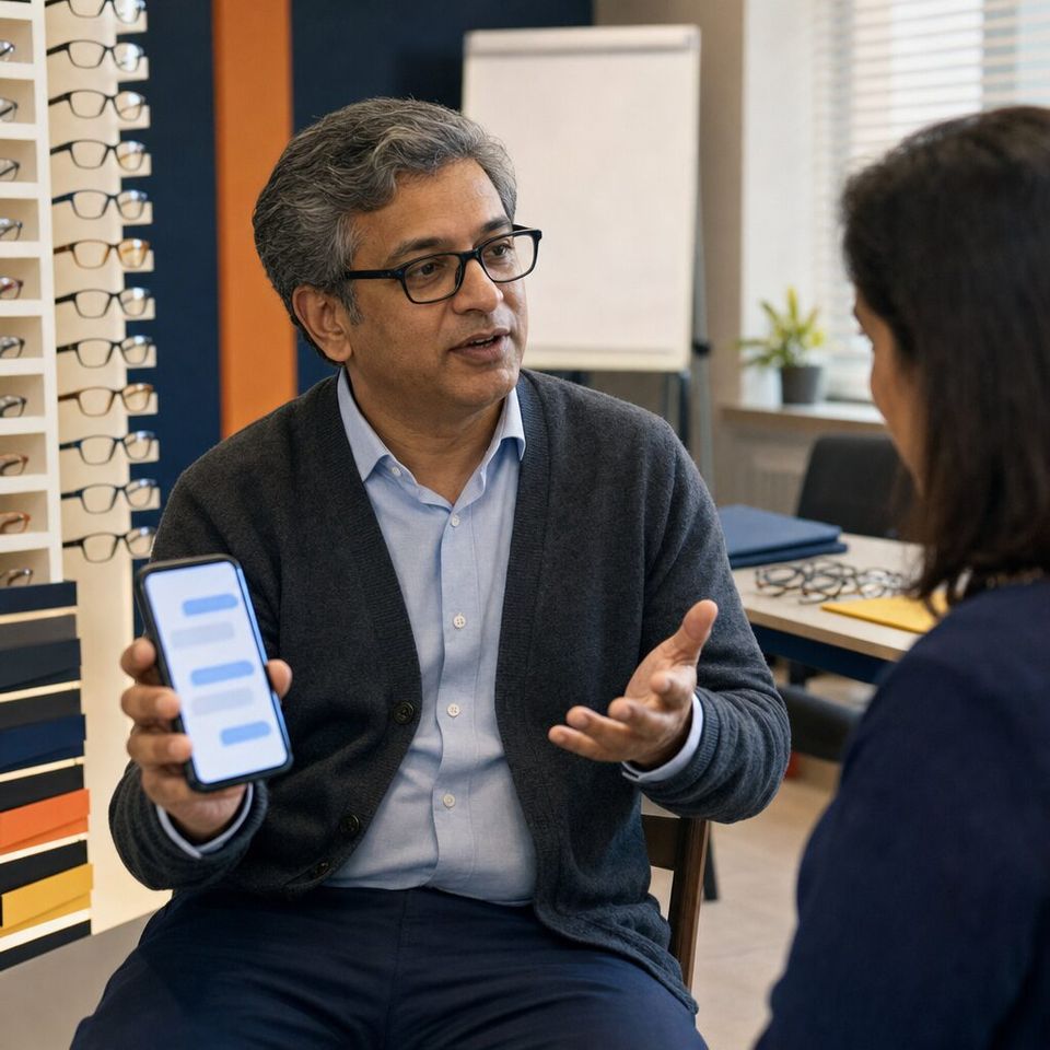 Illustrative photo: the owner of a regional chain of opticians asks the CAIO — Chief AI Officer for help from their phone.