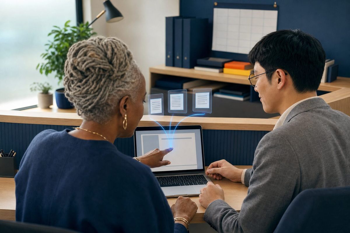 Illustrative photo: the Clone App Manager at work for the owner and office manager of a small financial-planning practice, laying out results as blue panels above a laptop.