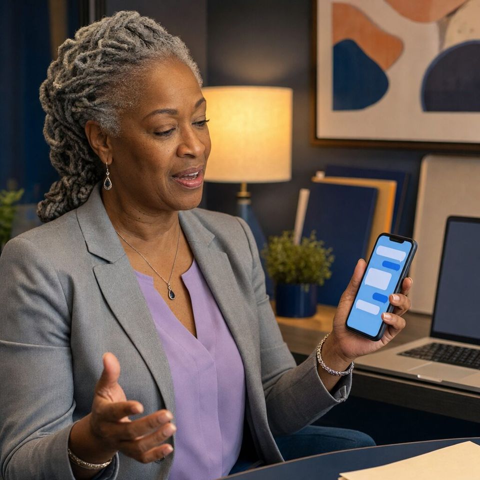 Illustrative photo: the owner of a small financial-planning practice asks the Clone App Manager for help from their phone.
