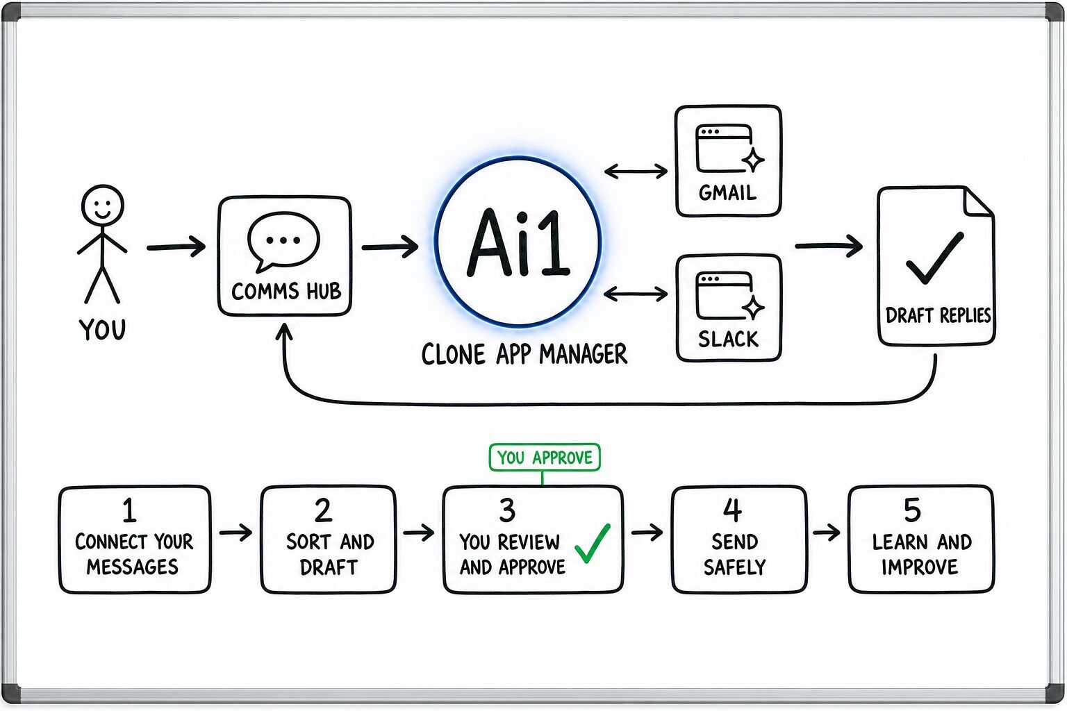 How the Clone App Manager works: you ask through the Comms Hub and Ai1 runs the steps: connect your messages, sort and draft, you review and approve, send safely and learn and improve. It works with Gmail and Slack. You approve at: you review and approve. It returns a draft replies.