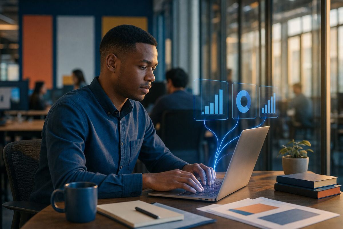 Illustrative photo: the Improvement Loop agent at work for the operations analyst, laying out results as blue panels above a laptop.