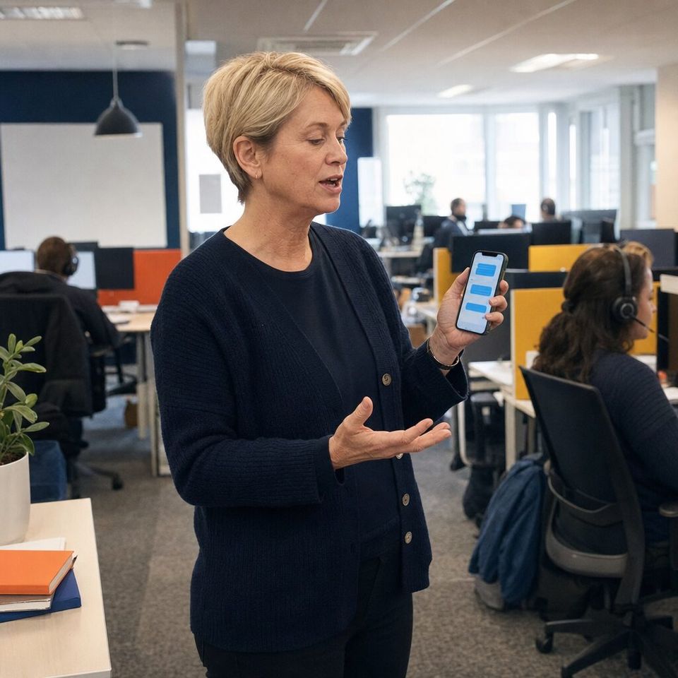 Illustrative photo: the operations director of a customer-service business asks the Improvement Loop agent for help from their phone.