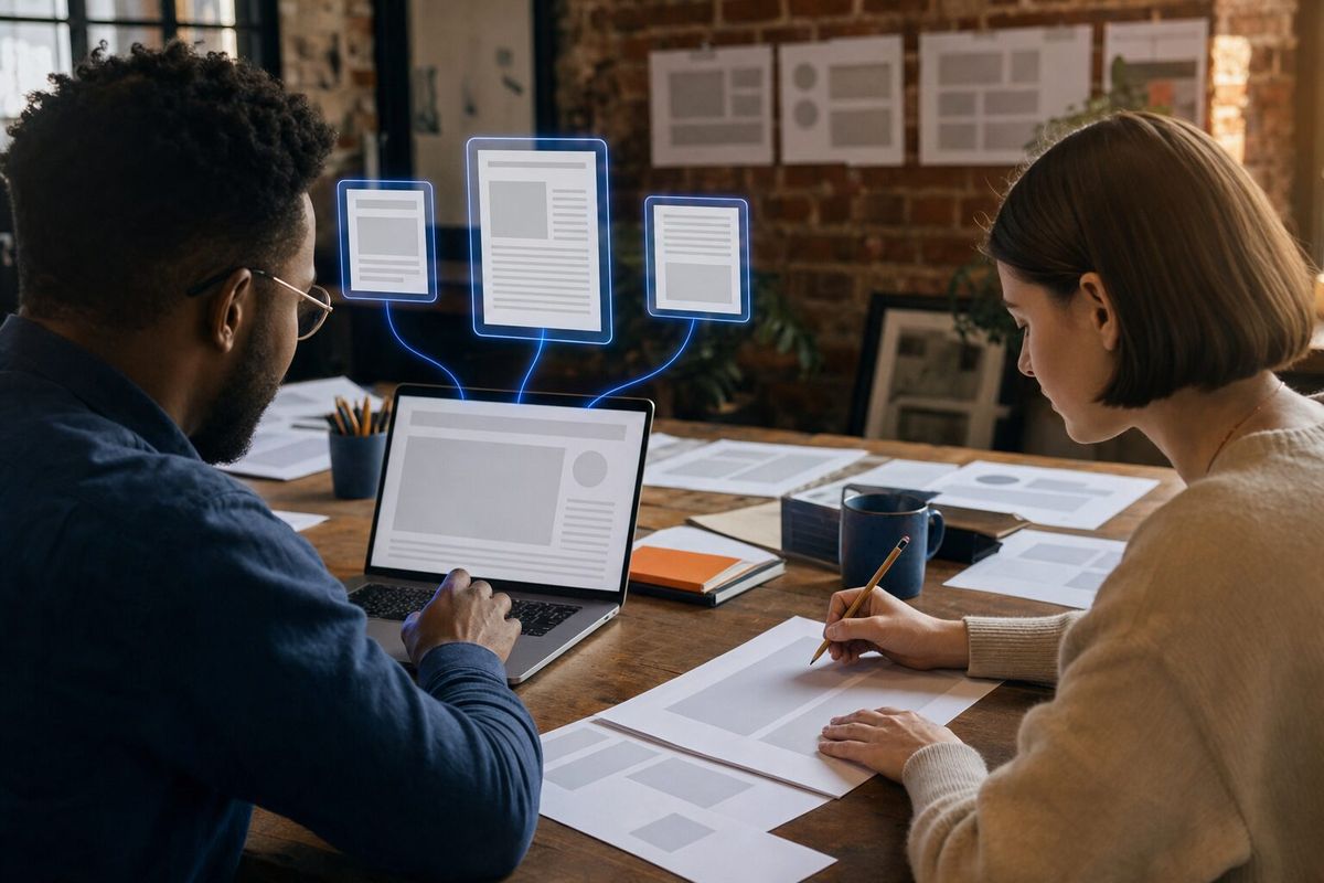 Illustrative photo: the Copywriter at work for the copy team reviewing a draft, laying out results as blue panels above a laptop.