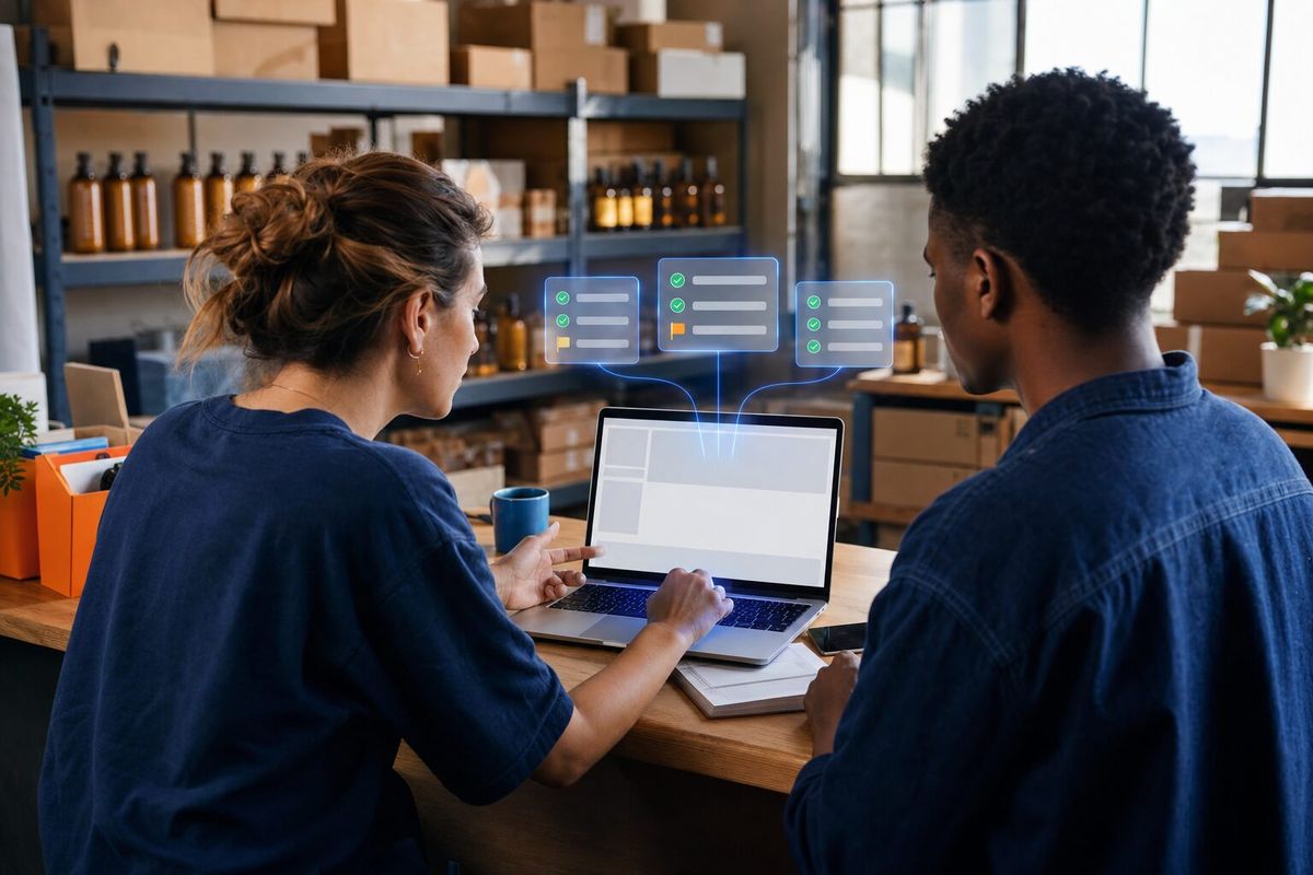 Illustrative photo: the CRO agent at work for the growth team, laying out results as blue panels above a laptop.