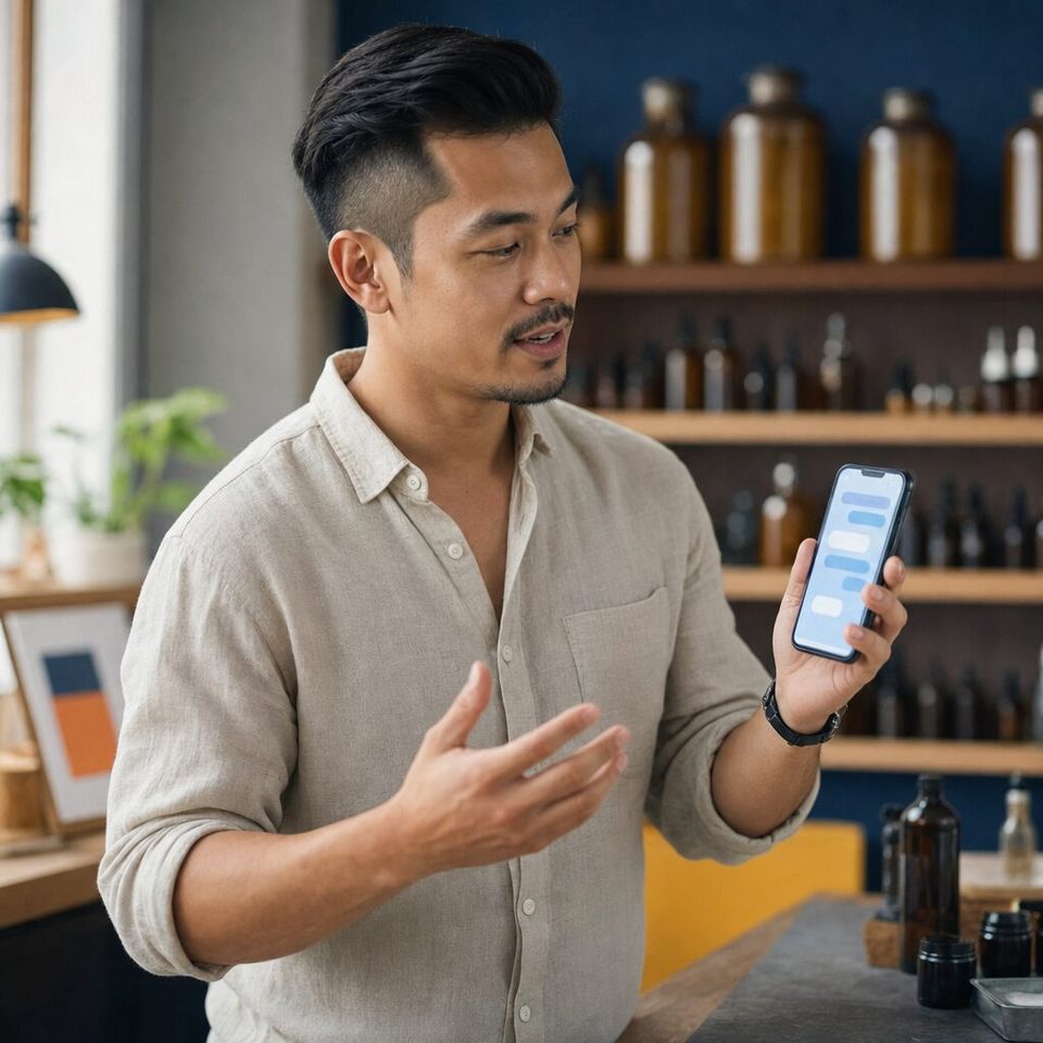 Illustrative photo: the growth lead at a skincare brand asks the CRO agent for help from their phone.