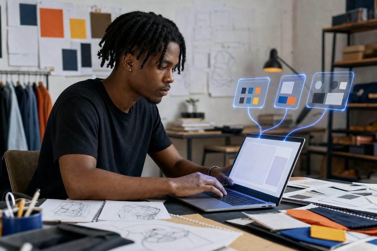 Illustrative photo: the Designer at work for the brand's designer, laying out results as blue panels above a laptop.