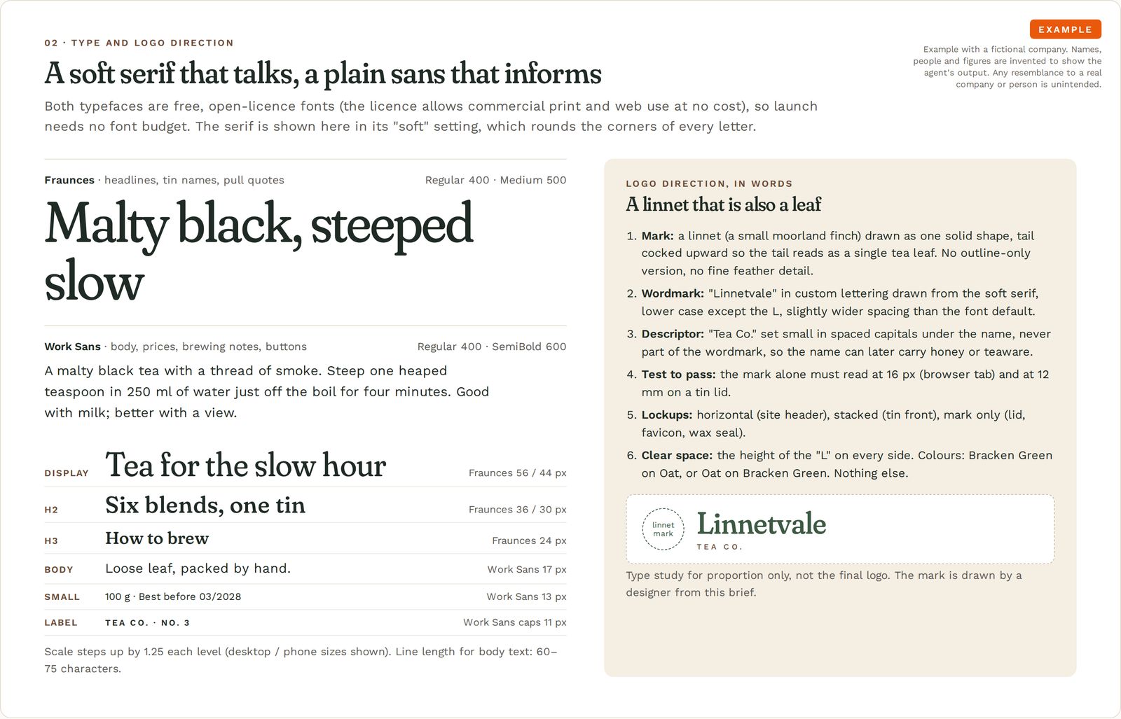 A soft serif headline font and a plain sans-serif body font shown at six sizes, beside a numbered written brief for a small bird logo mark and a rough type study of the brand name.