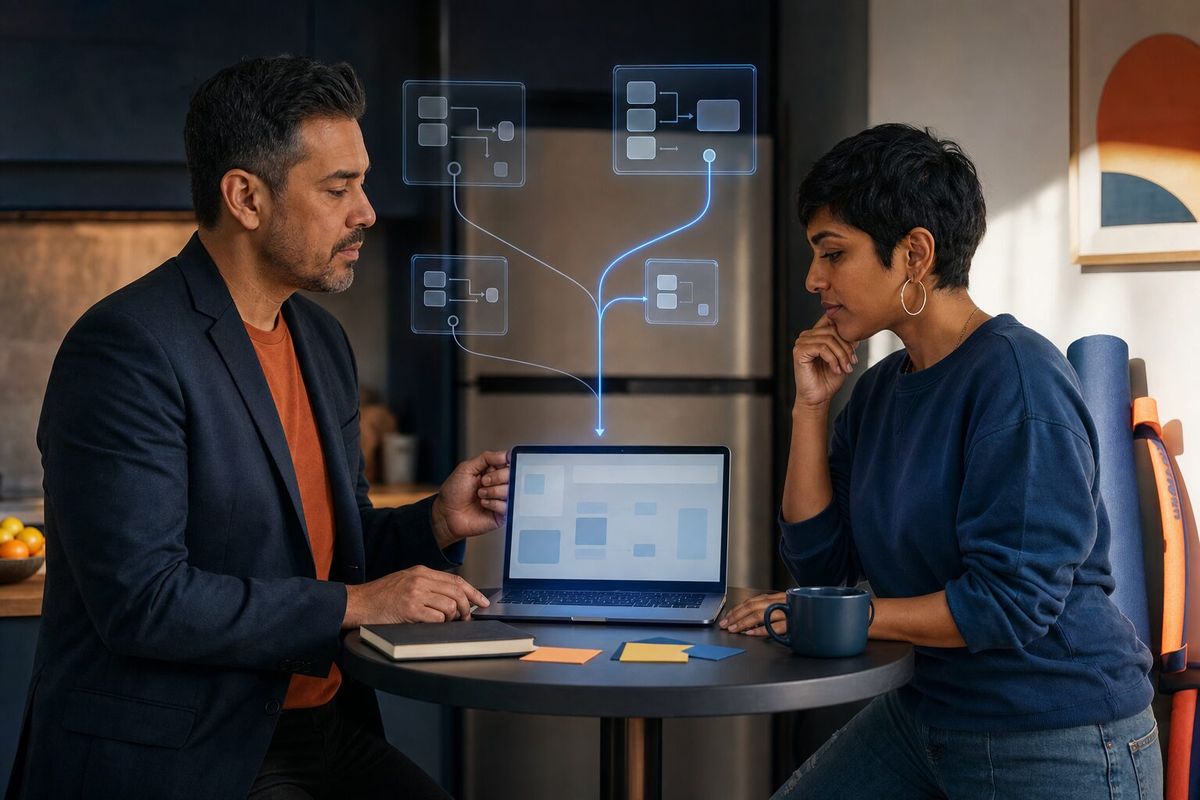 Illustrative photo: the Dev Strategist (Claude) at work for the technical leads of a fitness-app start-up, laying out results as blue panels above a laptop.