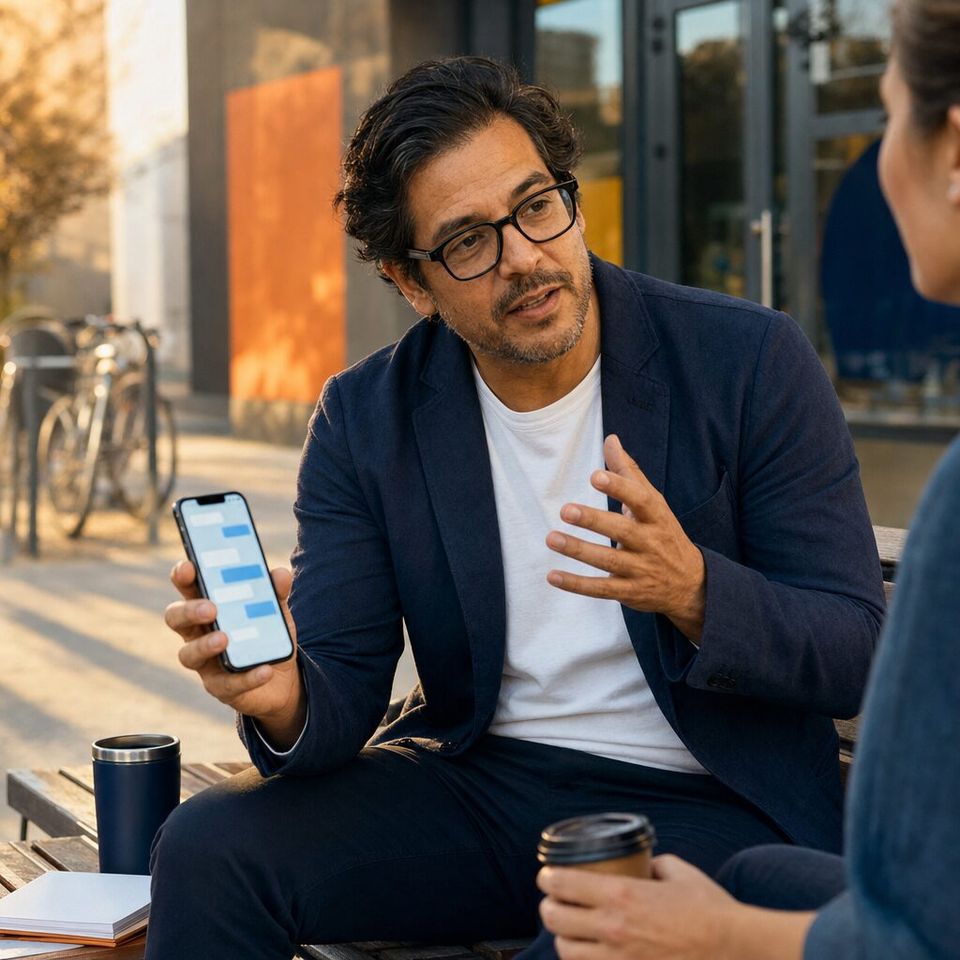 Illustrative photo: the chief technology officer of a fitness-app start-up asks the Dev Strategist (Claude) for help from their phone.