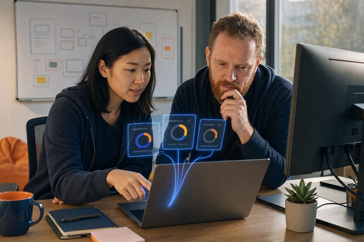 Illustrative photo: the Agentic Development Coach at work for the CTO and a senior developer reviewing how they work with AI agents, laying out results as blue panels above a laptop.