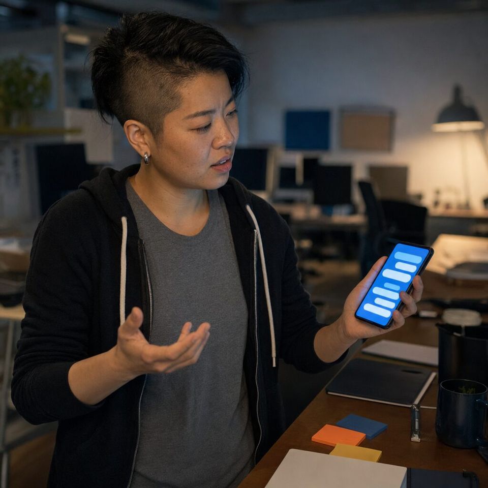 Illustrative photo: the CTO of a 25-person software company asks the Agentic Development Coach for help from their phone.