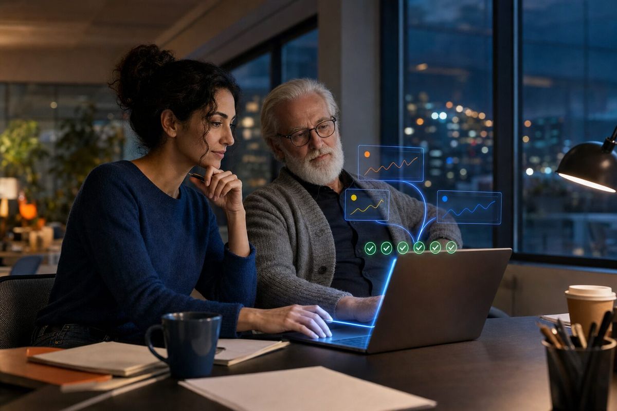 Illustrative photo: the DevOps — release & deploy at work for the engineering team of a logistics software company, laying out results as blue panels above a laptop.