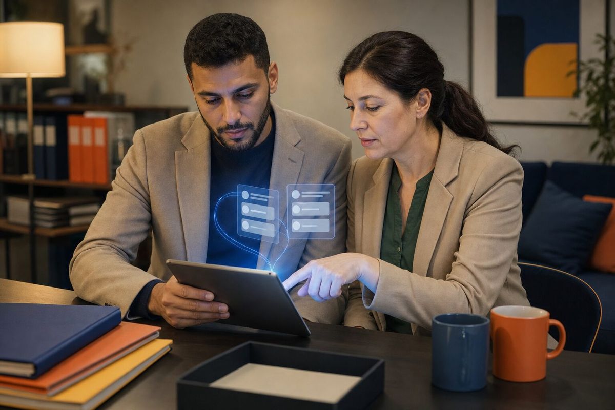 Illustrative photo: the Email Agent at work for the owner and office manager of a family-run estate agency, laying out results as blue panels above a tablet.
