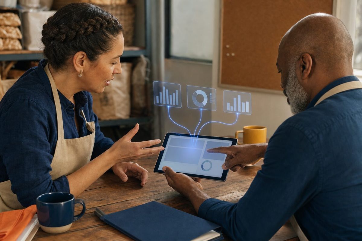Illustrative photo: the Employee Engagement App Manager at work for the owner and people manager of a family-owned bakery chain, laying out results as blue panels above a tablet.