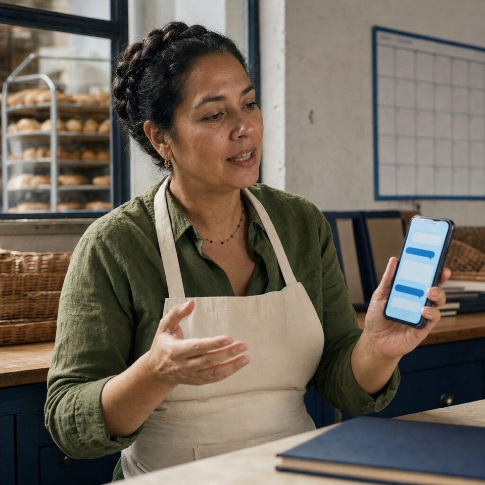 Illustrative photo: the owner of a family-owned bakery chain asks the Employee Engagement App Manager for help from their phone.