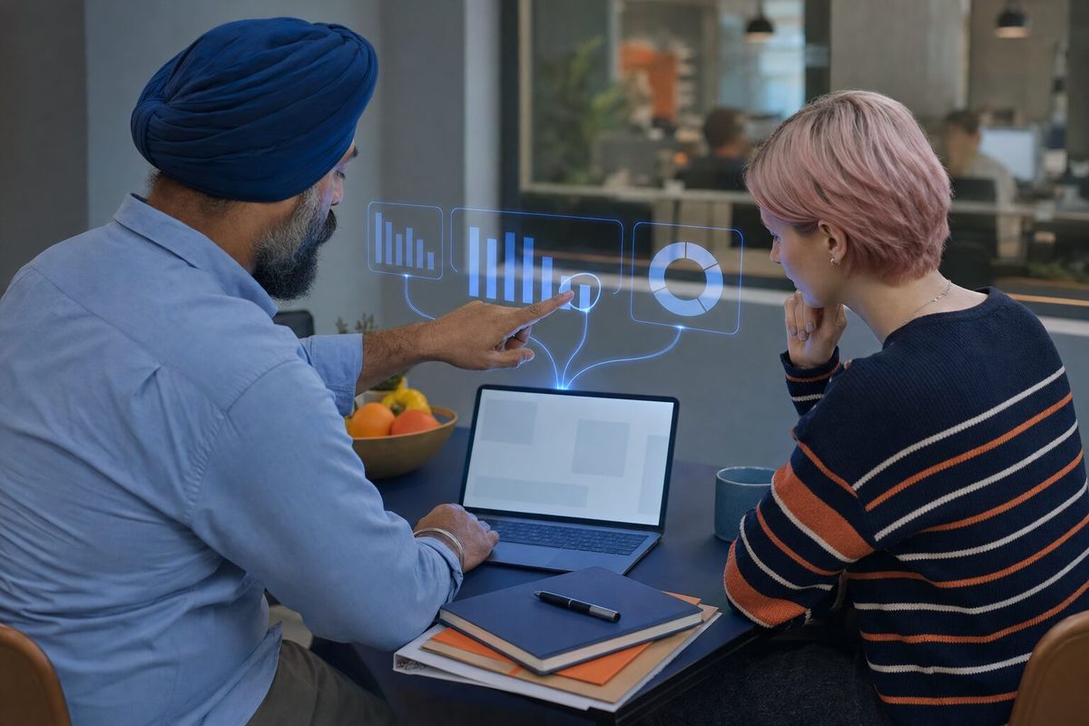 Illustrative photo: the Evaluator at work for the support and data team at a travel company, laying out results as blue panels above a laptop.