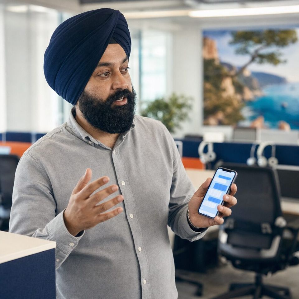 Illustrative photo: the customer-support lead at a travel company asks the Evaluator for help from their phone.