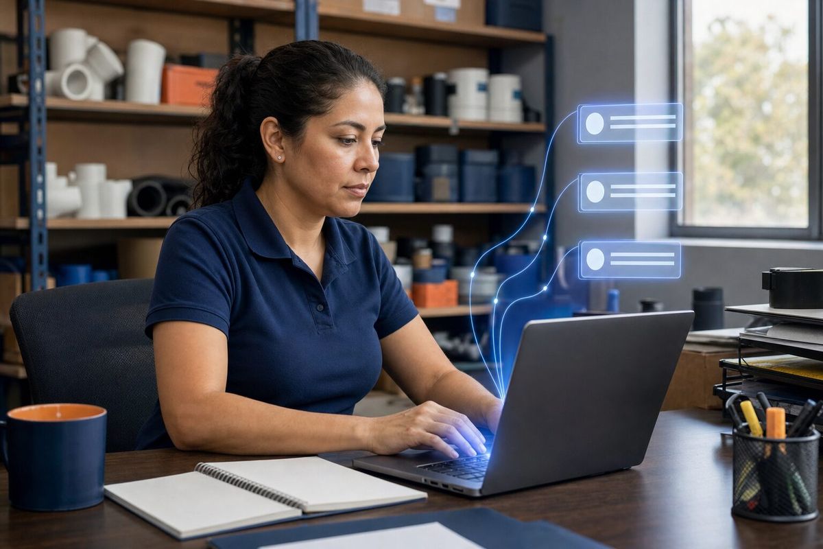 Illustrative photo: the Phone Agent at work for the office coordinator at the same plumbing business, laying out results as blue panels above a laptop.