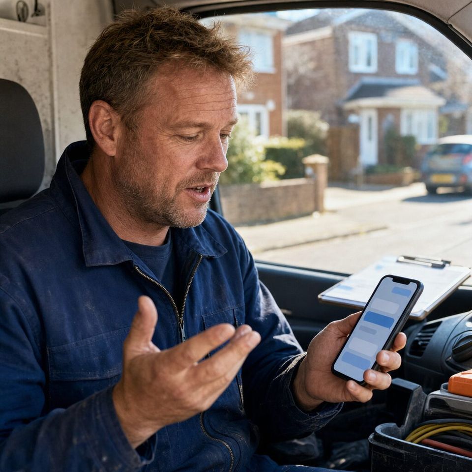 Illustrative photo: the owner of a plumbing business asks the Phone Agent for help from their phone.