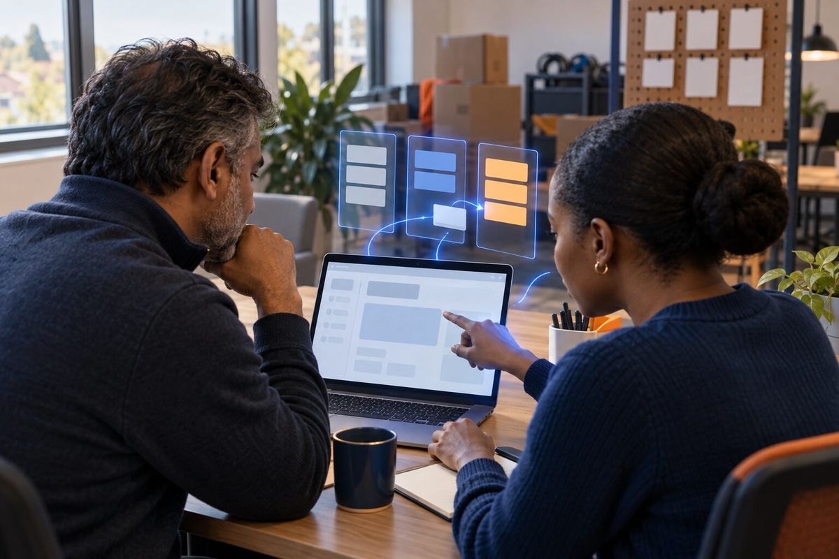 Illustrative photo: the Executor Agent at work for the website project group at a removals and storage company, laying out results as blue panels above a laptop.